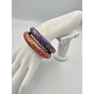 Pair of Kashmiri Vintage Floral Bangle Bracelets wood BOHO Pink Purple Gold Tone